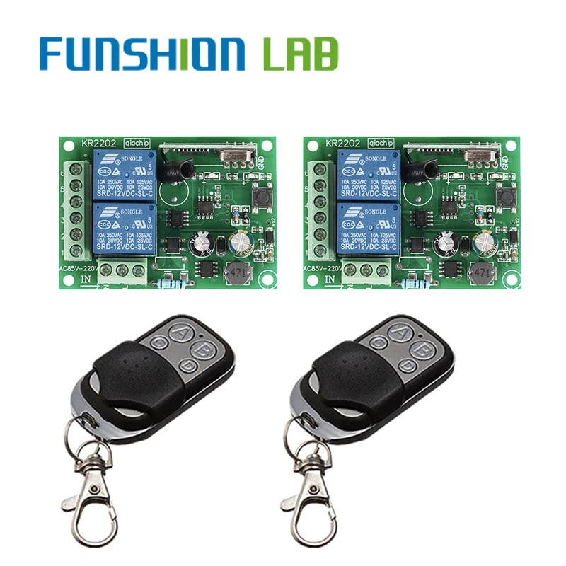 

FUNSHION 433 Mhz Wireless Remote Control Switch AC 85V 110V 220V 2CH Relay Receiver Module & RF 433Mhz 4 button Remote Controls