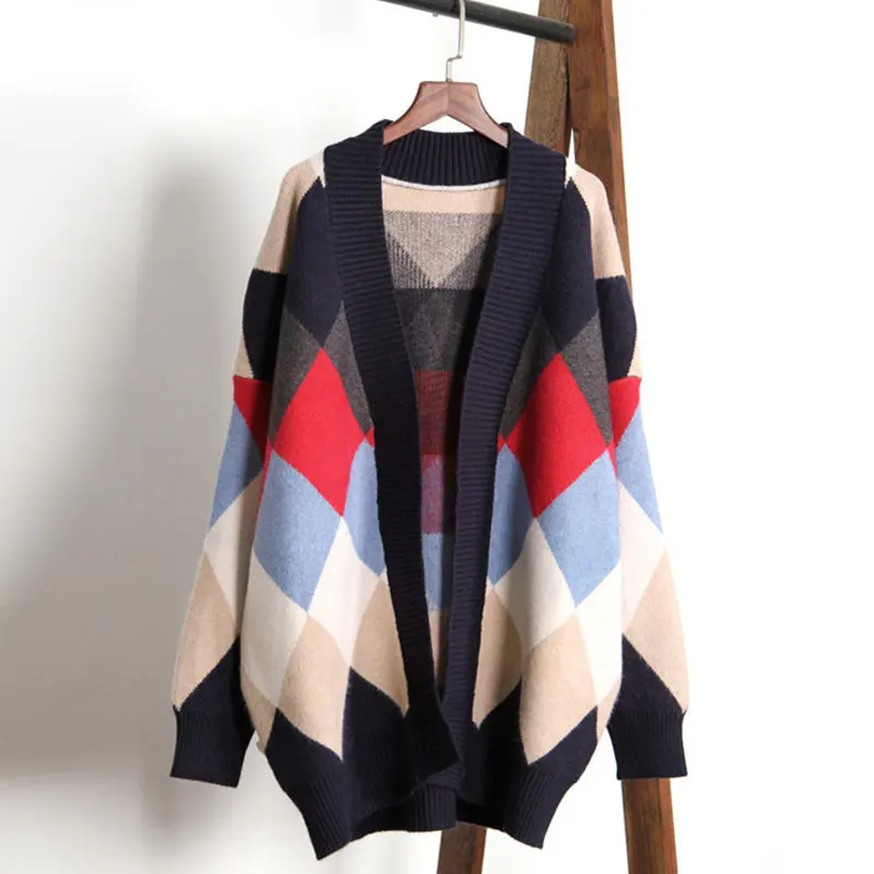 Sweater Women Knitted Cardigan Diamond Plaid Long Cardigan Loose Sweater Feminino Fashion Tops Pull Femme Knitwear Jumpers