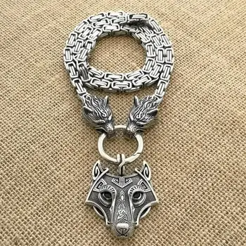 

Viking Odin wolf pendant necklace stainless steel wolf head king chain fashion men and women jewelry