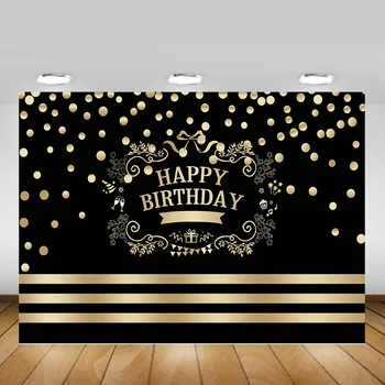 

Happy Birthday Party Decoration Backdrop for Photography Gold and Black Birthday Banner Photo Background Adult Photo Studio
