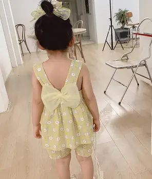 

2020 new girls 2 pcs printed set bow vest+shorts fashion summer cotton girls suit 2-7 years HV545