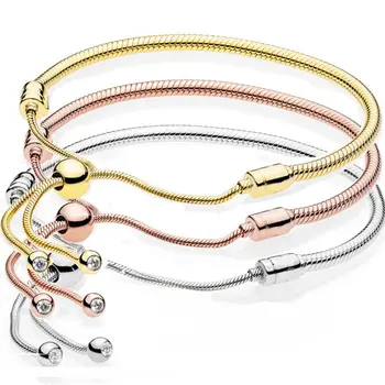 

Original Rose Gold & Silver Moments Sliding Clasp Adjust Bracelet Fit 925 Sterling Silver Bead Charm Bangle Diy Pandora Jewelry