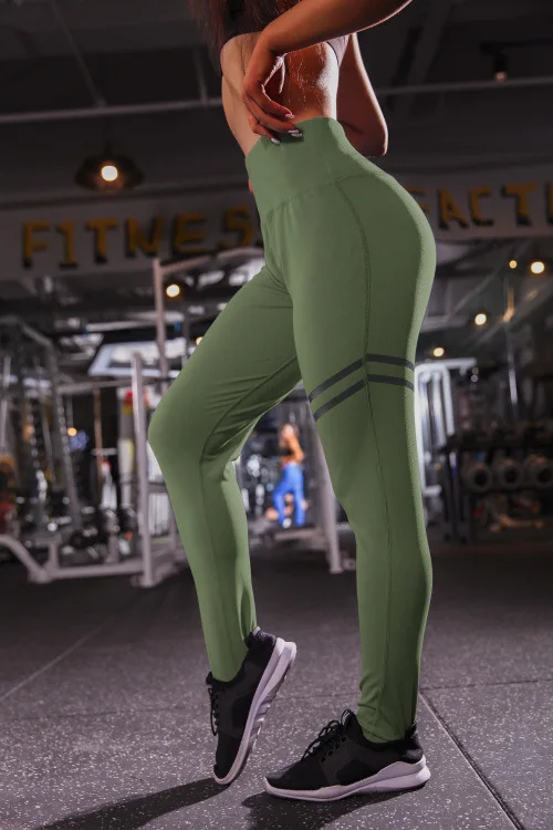 

Europe And America Hot Selling High-waisted Single Color Stripes Elasticity Offset Printing Four Needle Six Line Yoga Pants Legg