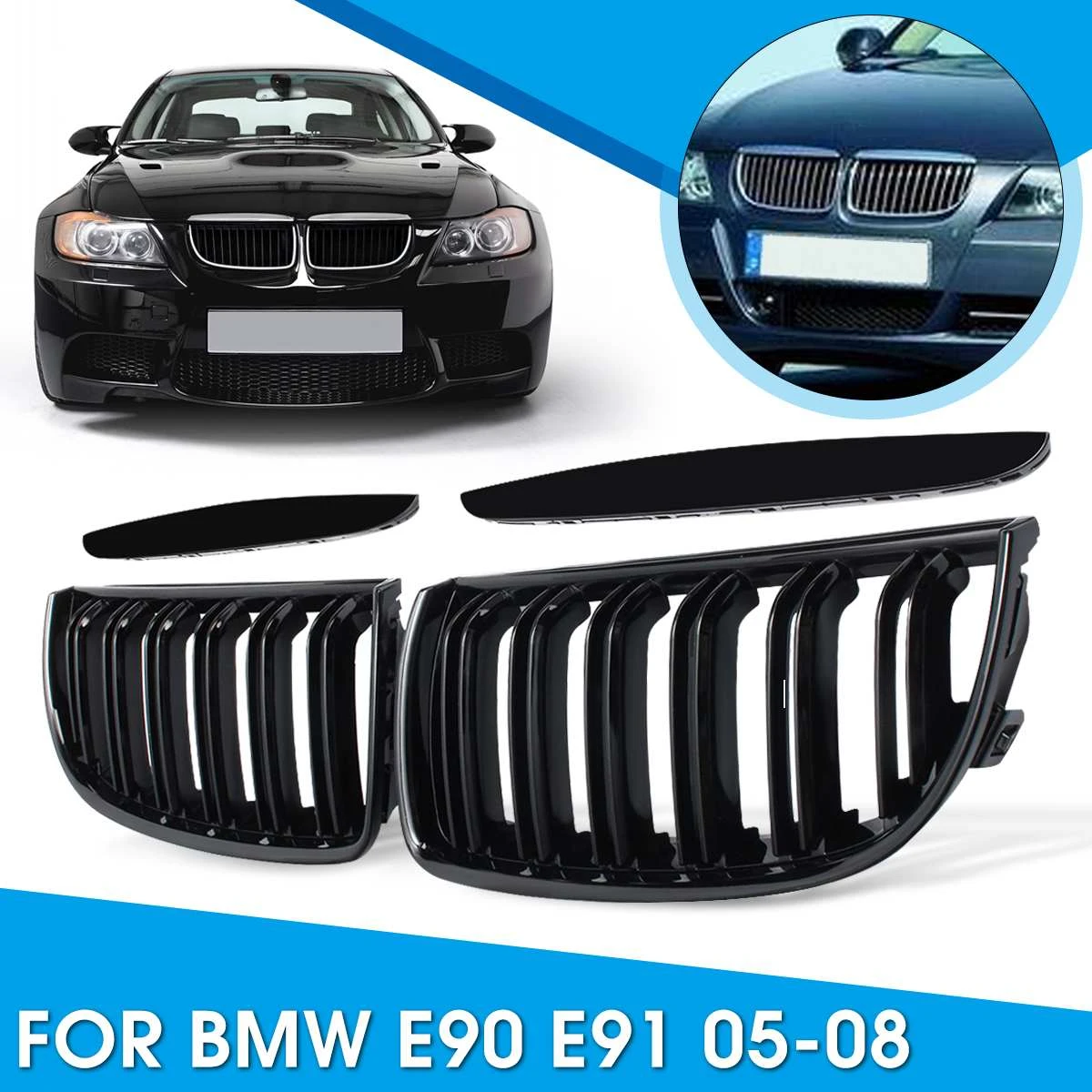 For 05-08 BMW 3 Series E90 E91 Gloss Black Front Kidney Dual Slat Grill Grille 1 For 05-08 BMW 3 Series E90 E91 Gloss Black Front Kidney Dual Slat Grill Grille 1