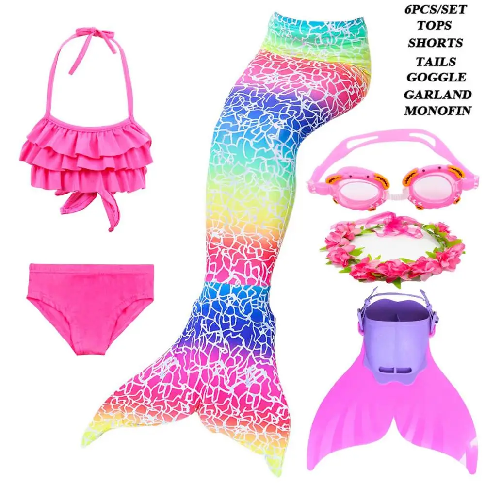 Детский купальный костюм для девочек с хвостом русалки; детский купальный костюм с хвостом русалки; платье для костюмированной вечеринки с монофиновой короной - Цвет: 6pcs 3