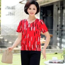 Middle Aged Women Summer Chiffon Blouses Red White Black Short Sleeve V-neck Crepe Tops Female Casual Floral Blouse Plus Size