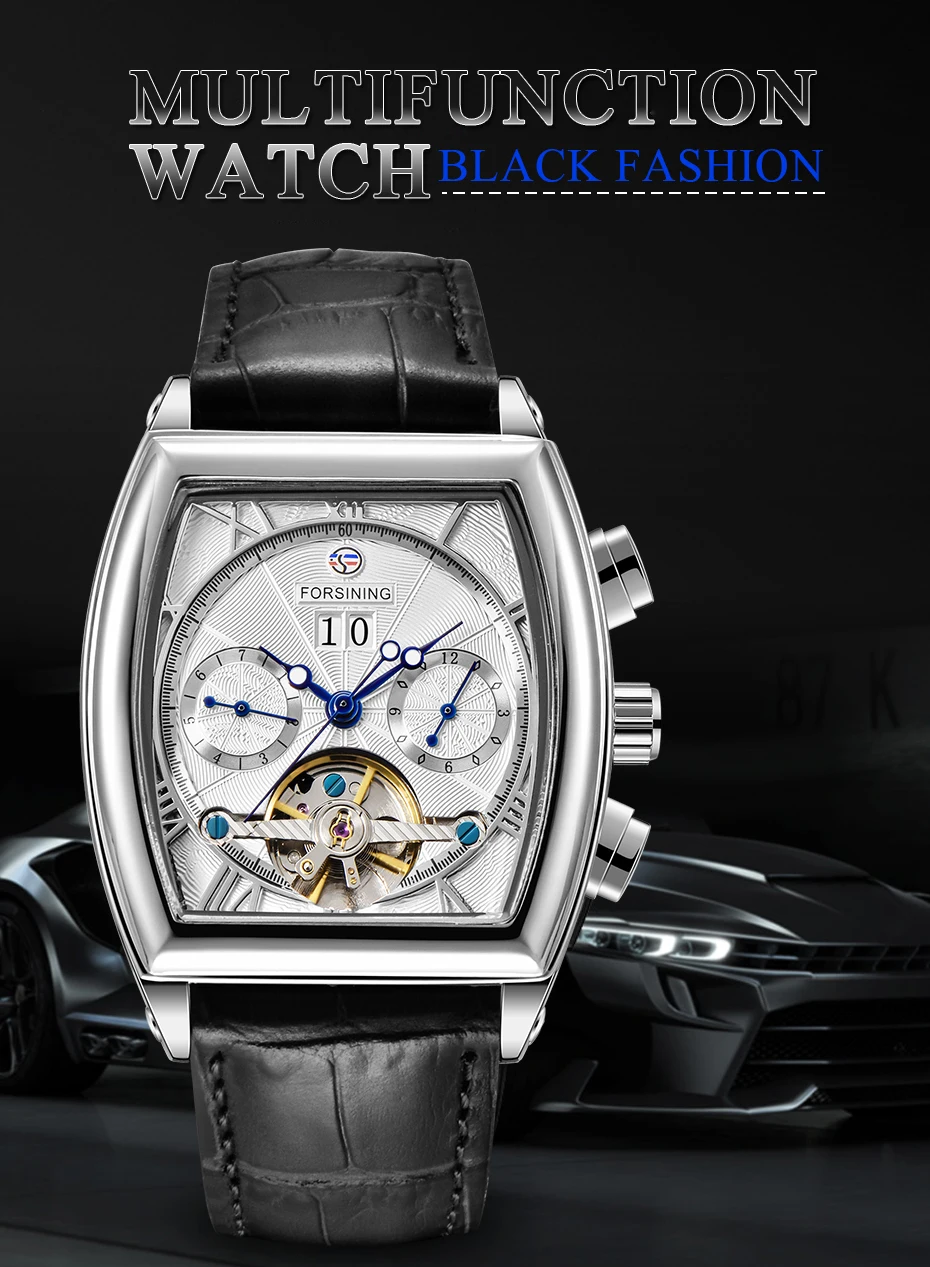 Forsining Tourbillion, черный ремешок, серебристый чехол, Модный повседневный дизайн, мужские часы, Лидирующий бренд, механические Автоматические наручные часы для мужчин
