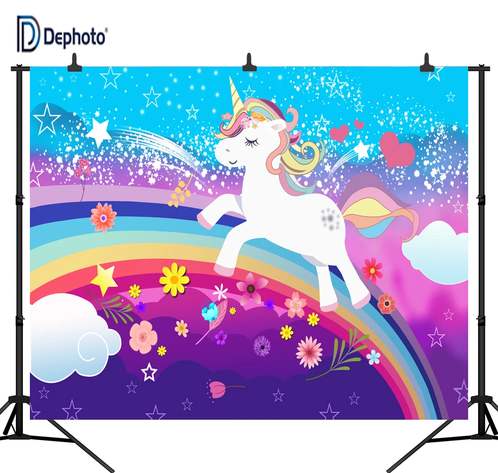 DePhoto Cartoon Unicorn on The Rainbow Newborns Birthday Seamless Vinyl Photography Backdrop Photo Background Studio Prop | Электроника
