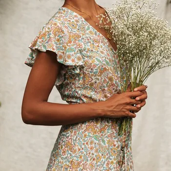 

Floral Print Maxi Beach Dress Women Summer Buttons Sashes Ladies Long Dresses 2020 Spring Boho V Neck Casual Female Vestidos
