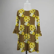 Весенне-Осенняя детская одежда для маленьких девочек, молочный шелк, хлопок, горчичный Подсолнух, длинное платье с оборками, изысканное Цветочное платье до колен