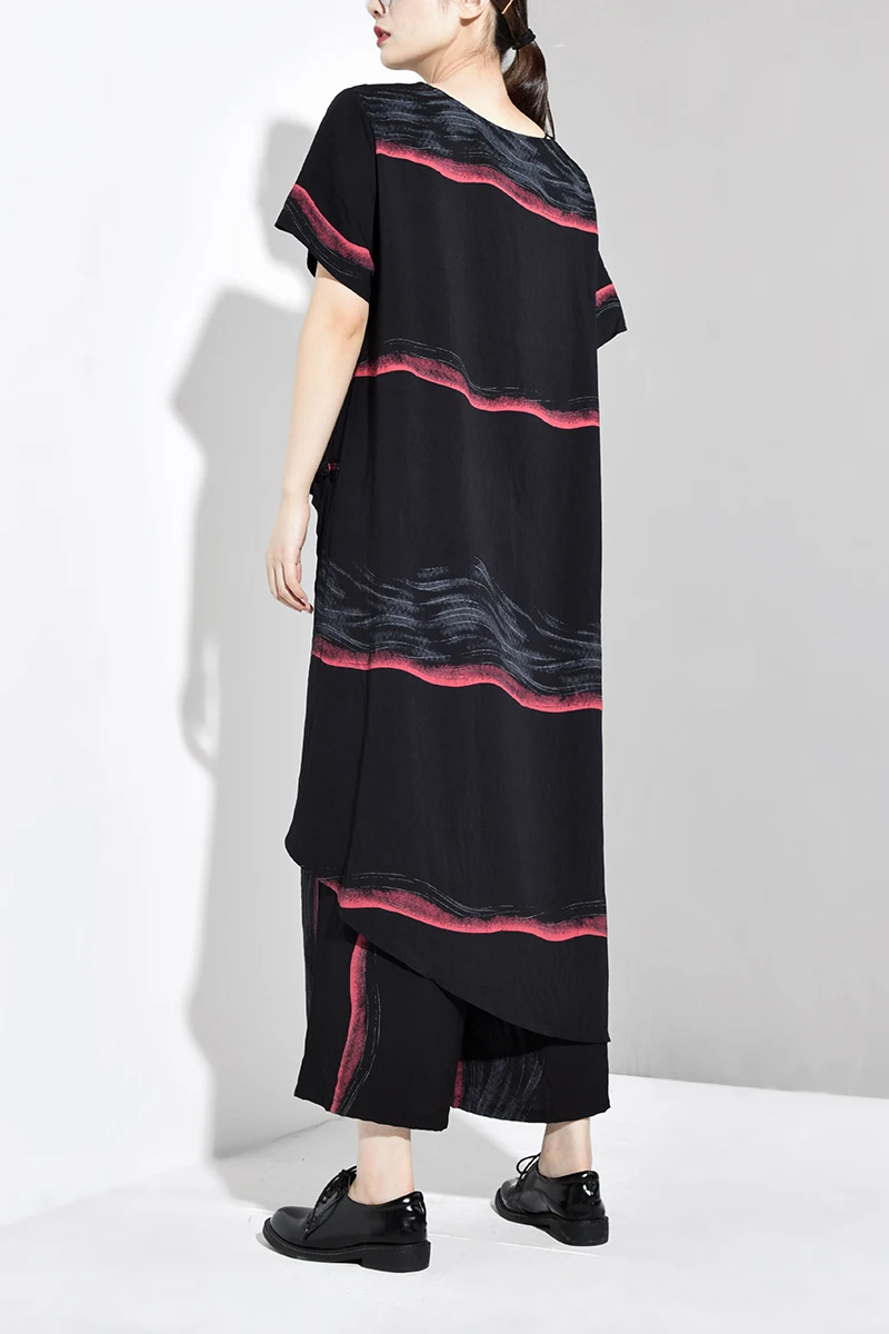 [EAM] Wide Leg Pants Striped Two Piece Suit New Round Neck Short Sleeve Black Loose Fit Women Fashion Spring Autumn 2020 JW5910