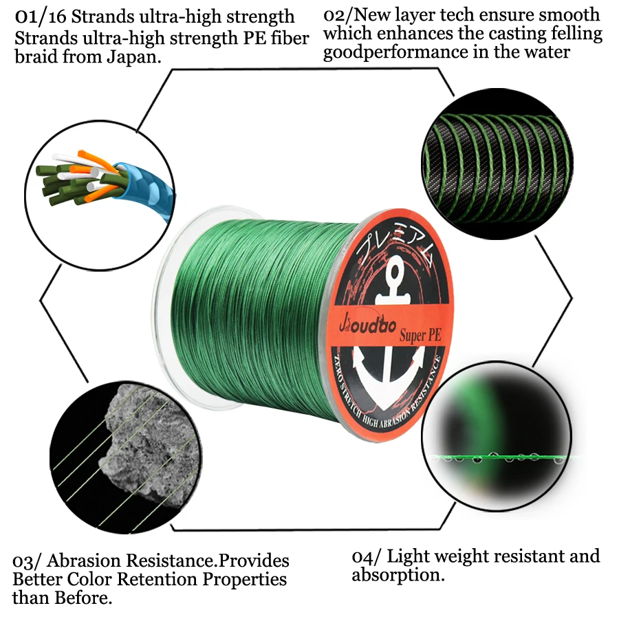 Jioudao 500M 16Strands 55LB-280LB PE Braided Fishing Wire Multi Color Multifilament Super Strong Japanese Fishing Line