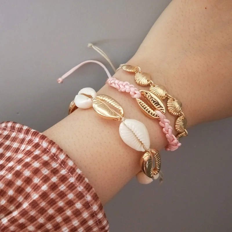 

Lalynnly Golden Sea Conch Shell Bracelet Set For Women Handmade Rope Chain Charm Bracelets Bohemian Strand Jewelry Gift B10421