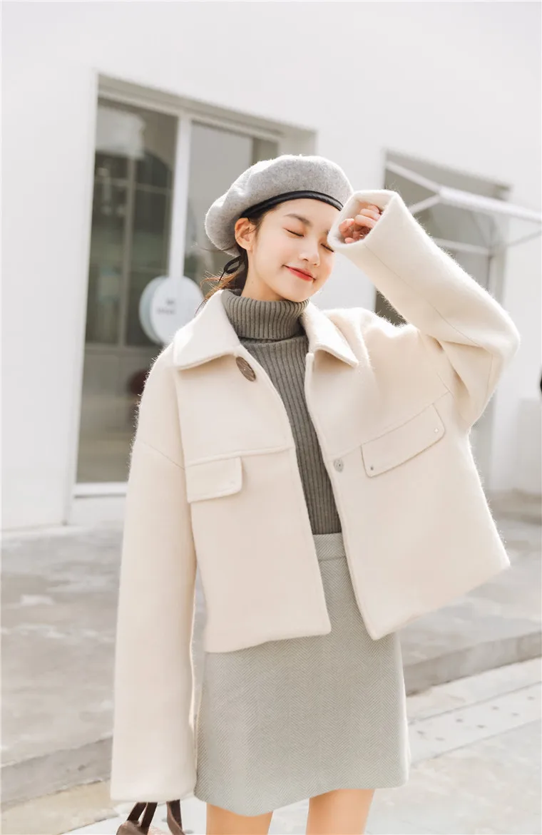 Ulzzang/839# зимняя новая стильная модная свободная короткая шерстяная куртка с отложным воротником
