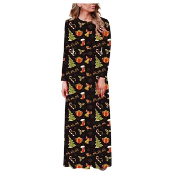 

Christmas Women Long Sleeve Dress O-neck Printing Causal Vintage Gown Party Long Dress Платье dress women vestidosПлатье женское