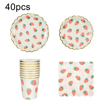 

40pcs Kitchen Disposable Dinnerware Set, Strawberry Pattern Paper Plates Cups Napkins for Birthday Party Banquet Dinner Reunion