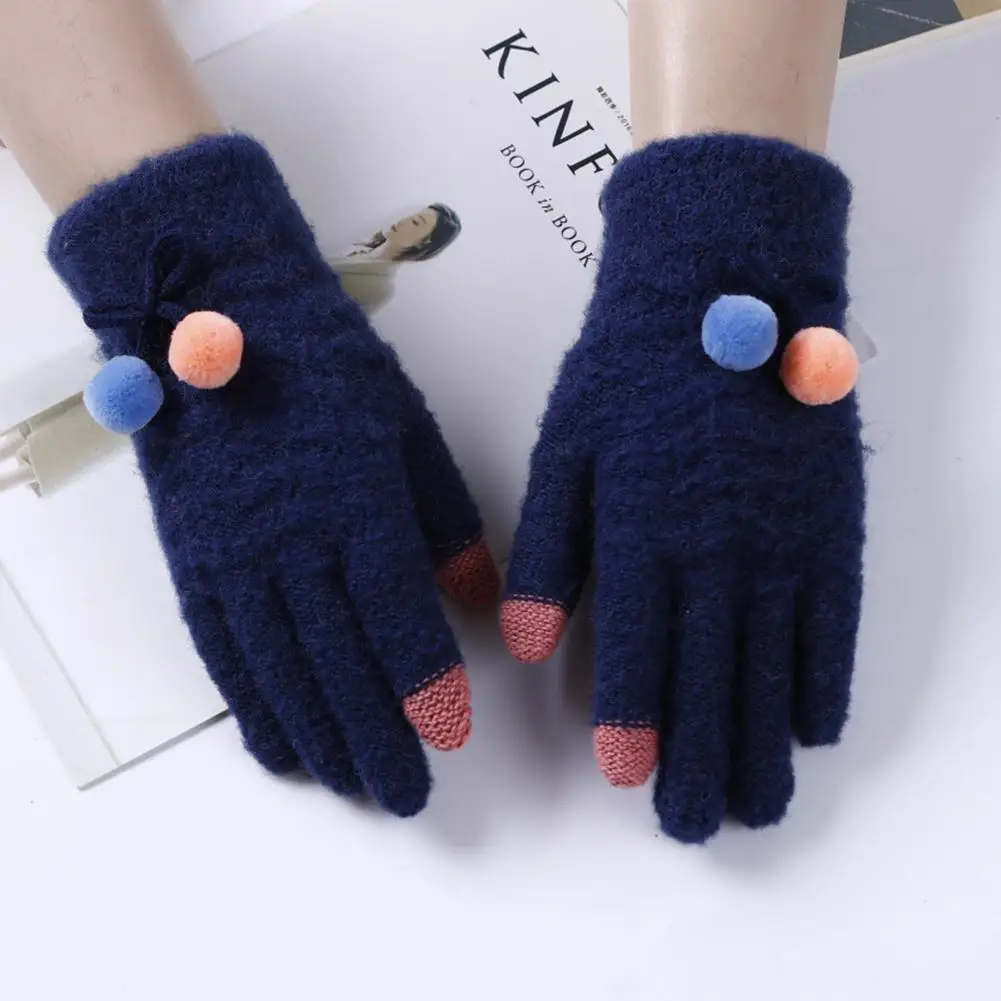 Yfashion, женские кашемировые вязаные перчатки с милым плюшевым шариком, теплые перчатки для сенсорного экрана, зимние перчатки, женские вязаные перчатки