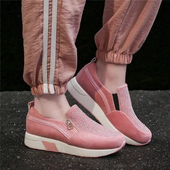 

Women Casual Flat Shoes Bling Female Slip On Shoes Platform Heels 3.5CM White Black Pink Loafers Womens Shoes