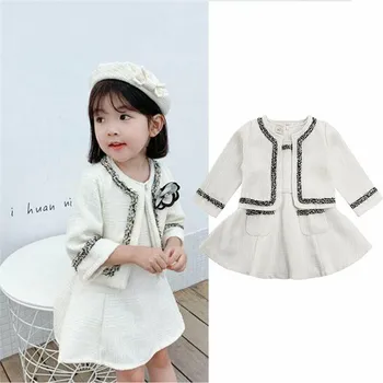 

2020 Children Princess Girls Clothes Sets Birthday Elegant Long Sleeve Plaid Coat Tops+Sleeveless Dress 2Pcs Warm Outfit 1-6Y