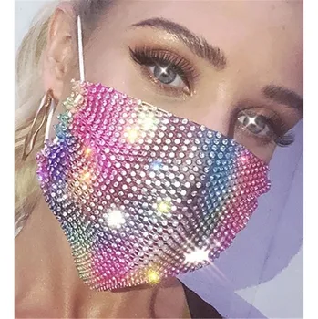 

2020 Fashion Bling Mask Colorful Crystal Mask Face Jewelry Elastic Face Mask Decor Shining Rhinestone Party Gift Night Club