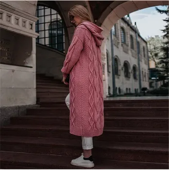 

Winter Long sleeve warm cardigan female Knitting long cardigan sweater women jumper White pocket Hooded Knitted Sweater Autumn
