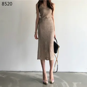 

New Summer Fashion 2 Piece Sets Korean Casual Solid Knitted Tops Skirt Suits High Waist Was Thin Elegant Sleeveless Skirt Sets