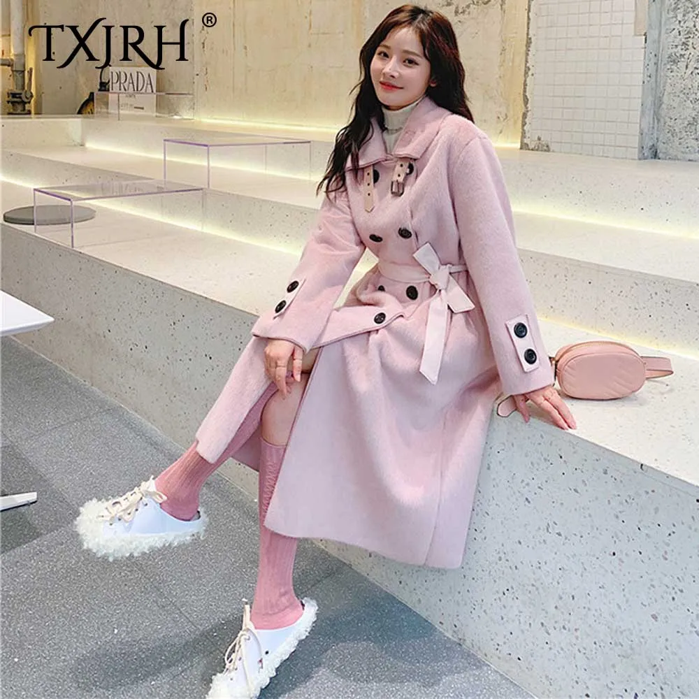 TXJRH с длинным ворсом искусственное Норковое длинное пальто с лацканами двубортная куртка с длинными рукавами и бантом сзади верхняя одежда с карманами 2 цвета