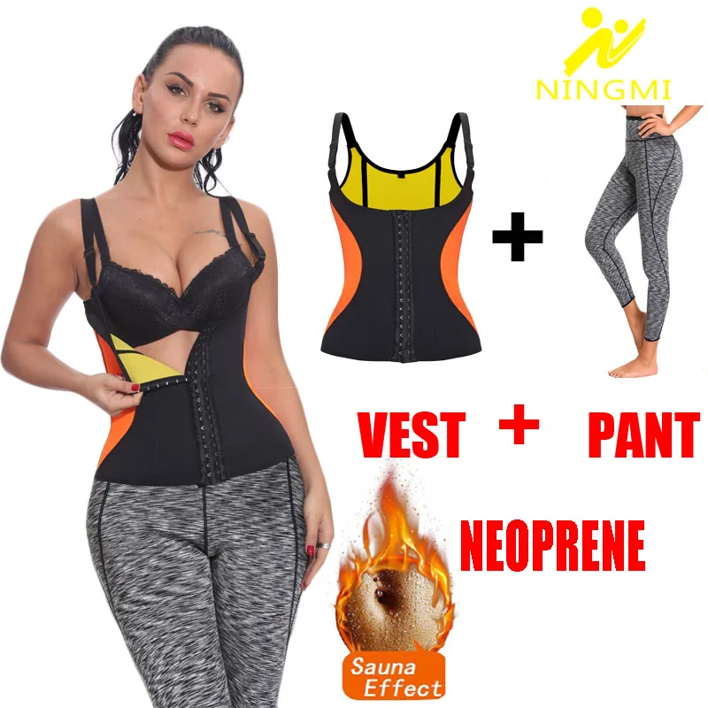 

NINGMI Tracksuit Slimming Pant + Vest Sport Set Shapewear Waist Trainer Neoprene Suana Suit Running Tops Legging Control Panties