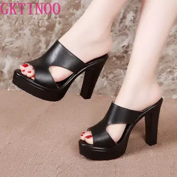 

GKTINOO Plus Size 33-43 High Heels Slippers Women Platform Shoes Summer 2020 Block Heel Leather Slides Ladies Office Slippers