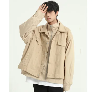 

Men 2 Pieces Splice Casual Jacket Outerwear Male Women Streetwear Hip Hop Retro Fashion Loose Coat Spring Autumn Overcoat