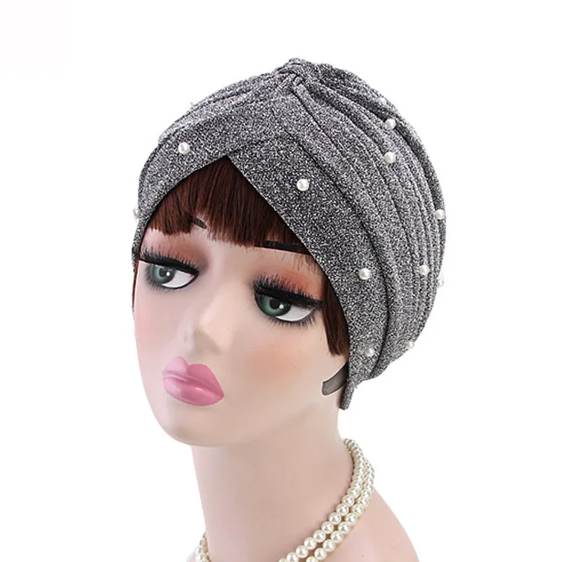 

Hot Women Plain Hijabs Muslim Shiny Pearls Beaded Mesh Hats Headwrap Hair Lose Turban Headwear Cap Hair Accessories Muslim Hats