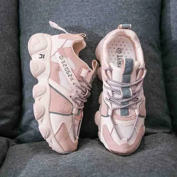 

Women Sneakers Vulcanize Shoes Korean Fashion New Female Black Pink Platform Thick Sole Running Shoe E15-31