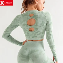 Новая женская облегающая бесшовная футболка с длинными рукавами для бега и йоги, топ для тренировок, свободные топы для йоги, Спортивная футболка с отверстием для большого пальца