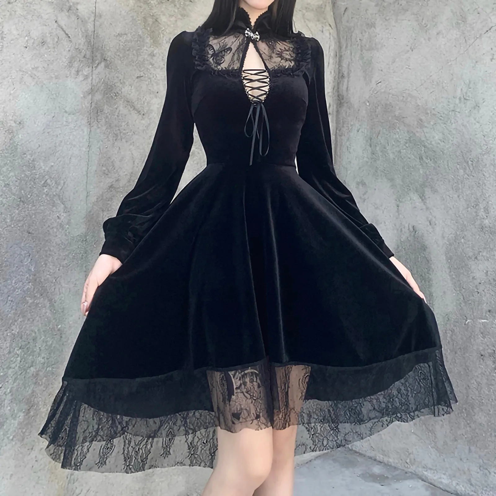 

Women's Dress Gothic High-necked Autumn Waist Slimming Lace Dress vestido de mujer black dresses party daily wear gifts 2020 new