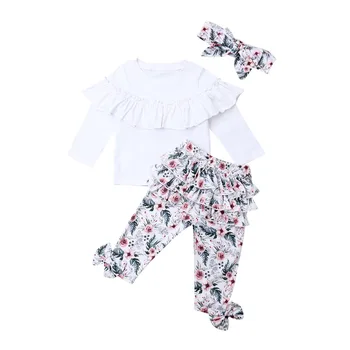 

US STOCK US Toddler Kids Baby Girl Ruffle Tops+Floral Long Pants+Headband Outfits Clothes