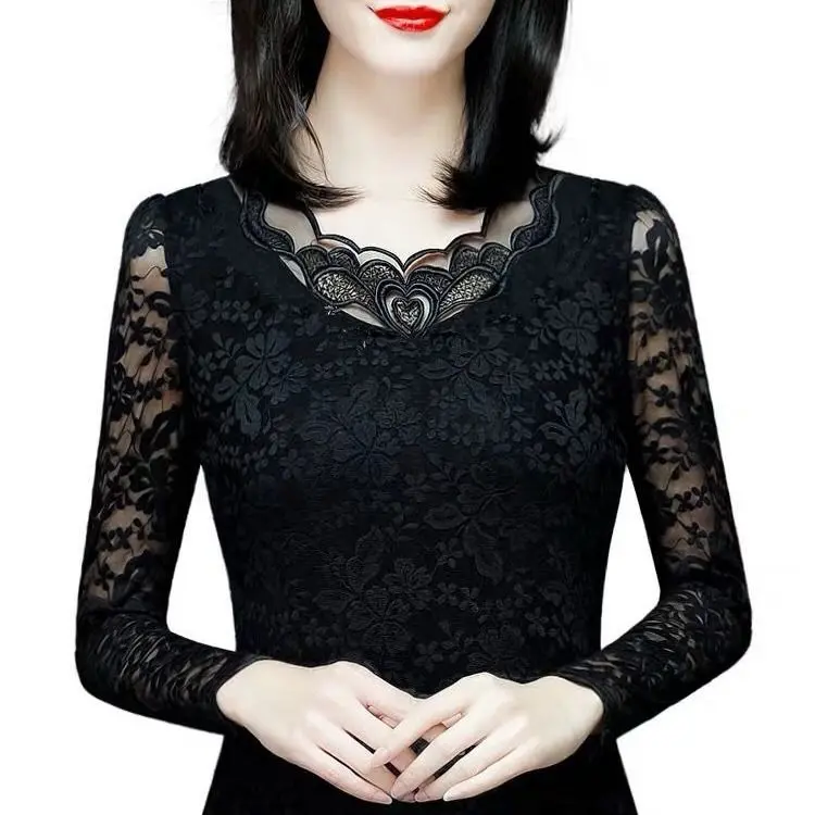 여성용 긴팔 블라우스, 레이스 셔츠, 겨울 블라우스