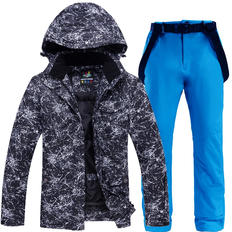 Утепленный лыжный костюм для пар, зимняя ветрозащитная водонепроницаемая куртка для катания на лыжах и сноуборде, комплект со штанами для мужчин и женщин, большие размеры 3XL - Цвет: Синий