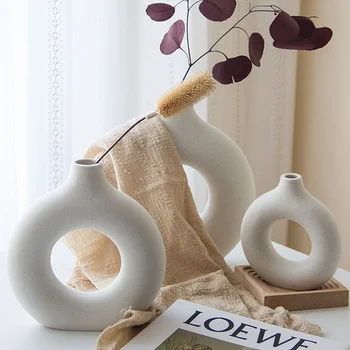 VILEAD Nordic Circular Hollow Ceramic Vase Donuts Flower Pot Home Decoration Accessories Office Desk Living Room Interior Decor 1