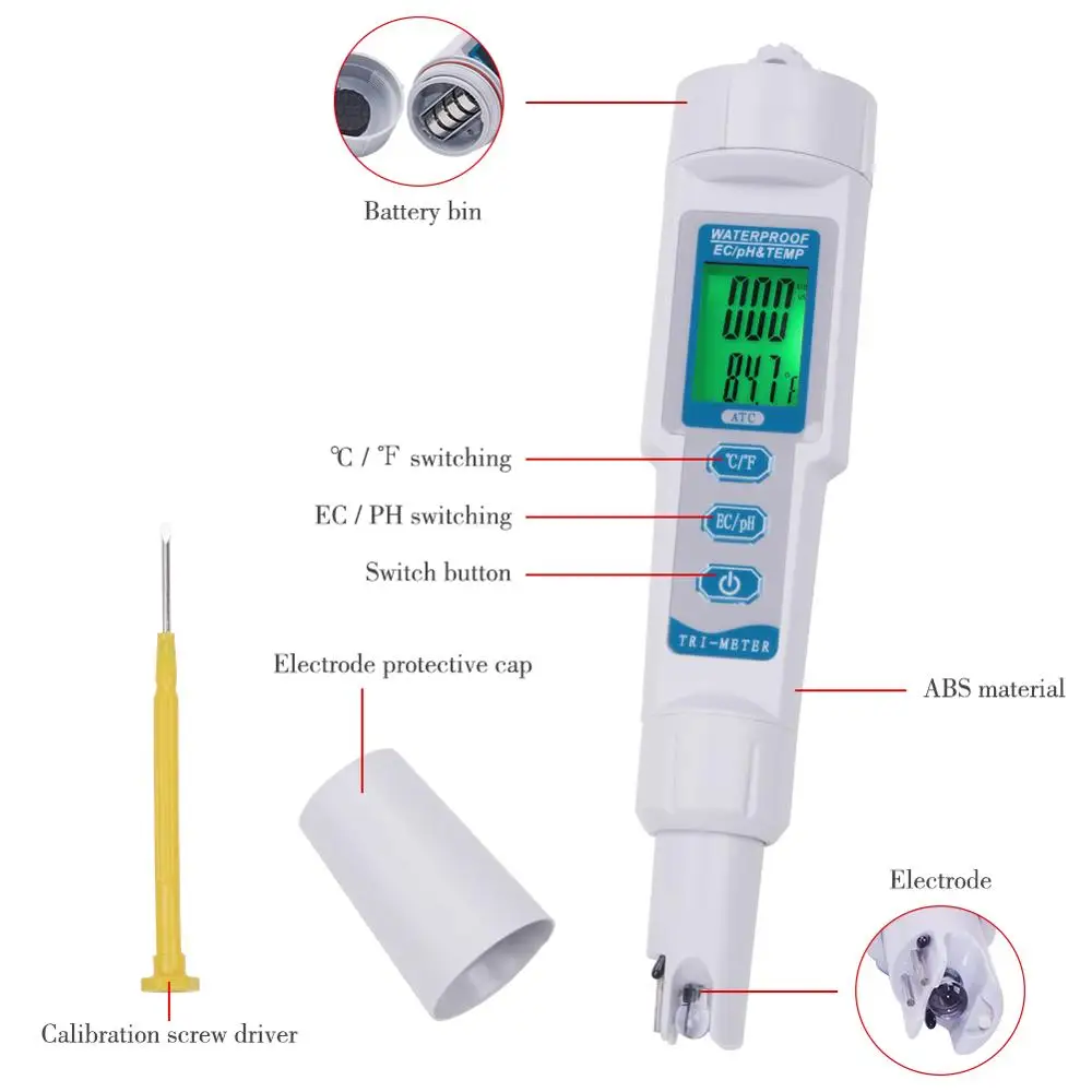 3 в 1 PH EC TEMP/TDS PH TEMP Meter ЖК-дисплей с задней подсветкой с автоматической температурой для аквариума
