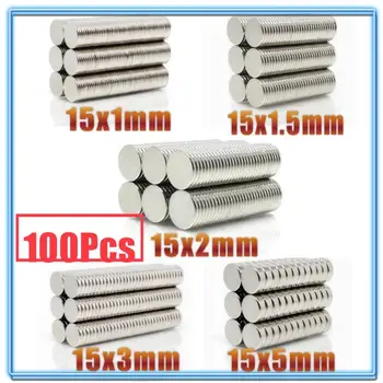 

100Pcs N35 Round Magnet 15x1 15x1.5 15x2 15x3 15x5 mm Neodymium Magnet Permanent NdFeB Super Strong Powerful Magnets 15*1 15*2
