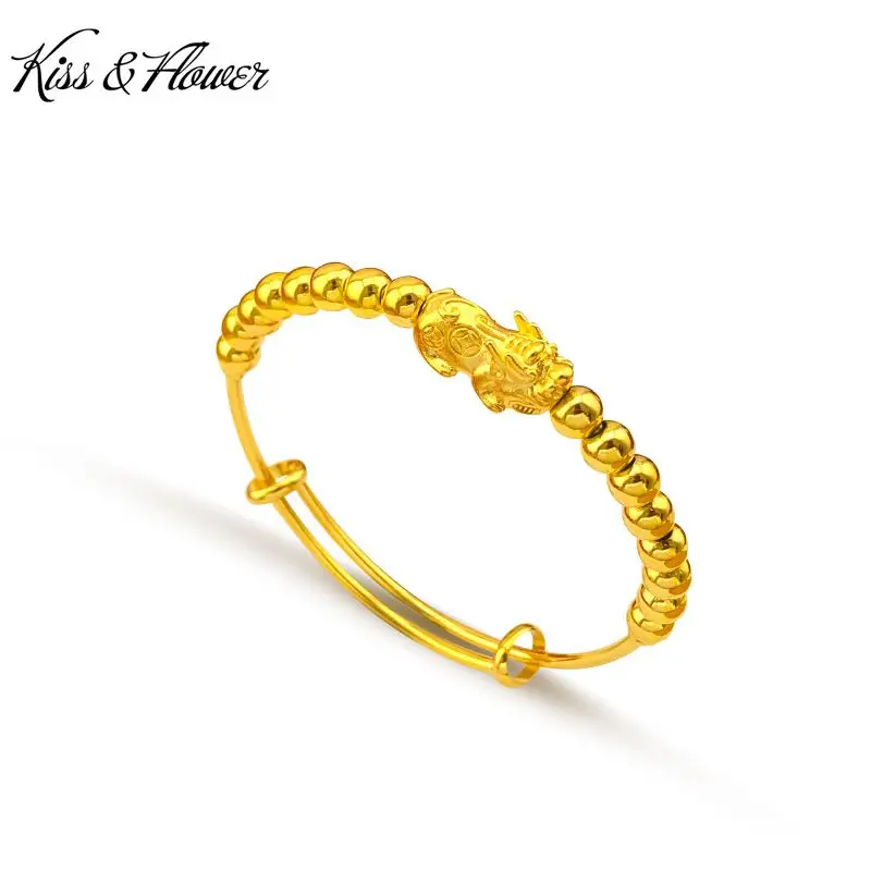 

KISS&FLOWER BR12 Fine Jewelry Wholesale Fashion Woman Girl Birthday Wedding Gift PIXIU Beads Push-Pull 24KT Gold Bracelet Bangle