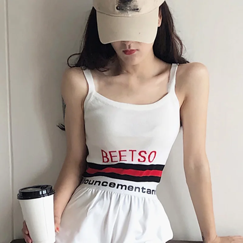 Летняя женская одежда ulzzang корейская мода полосатый без рукавов принт буквы короткий SLIMtop Женский вязаный безрукавка Топы