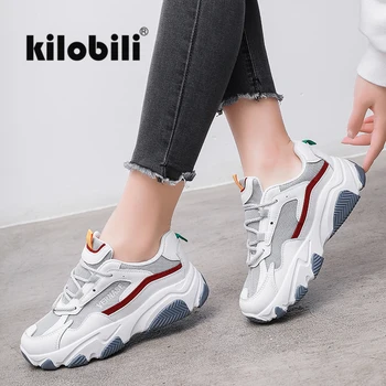 

kilobili 2020 Spring Women Flat Lace up Shoes Mesh Leather Sneakers dad Shoes Chaussures Femme Basket Flats Shoes Flat Platform