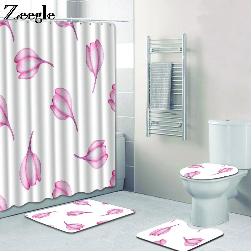 Zeegle Shower Curtain Set Anti-slip Soft Bathroom Carpets Foot Rug Washable Toilet Mat Bathroom Decoration 4pcs Bathroom Mat Set