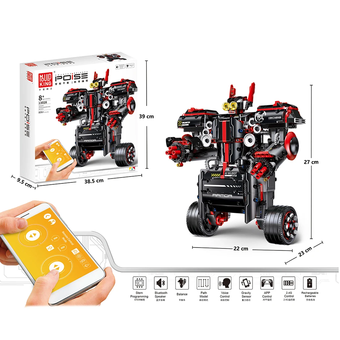 806Pcs/Set With Bluetooth Speaker APP Controlled RC Singing Robot Balanced Programming Robot Building Construction Kit - Black