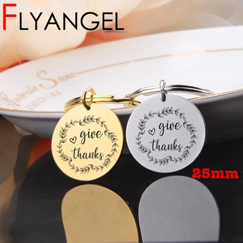 

FLYANGEL Give Thanks Keychain Engraved Keyring Fashion Jewelry Thanksgiving Gift For Family Teacher Friend Round Key Holder
