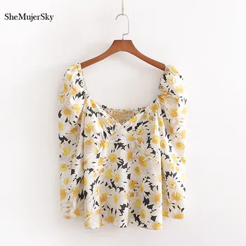 

SheMujerSky Women Autumn Spring Blouse Daisy Print Tops 2020 V-neck Backless Elastic Shirts