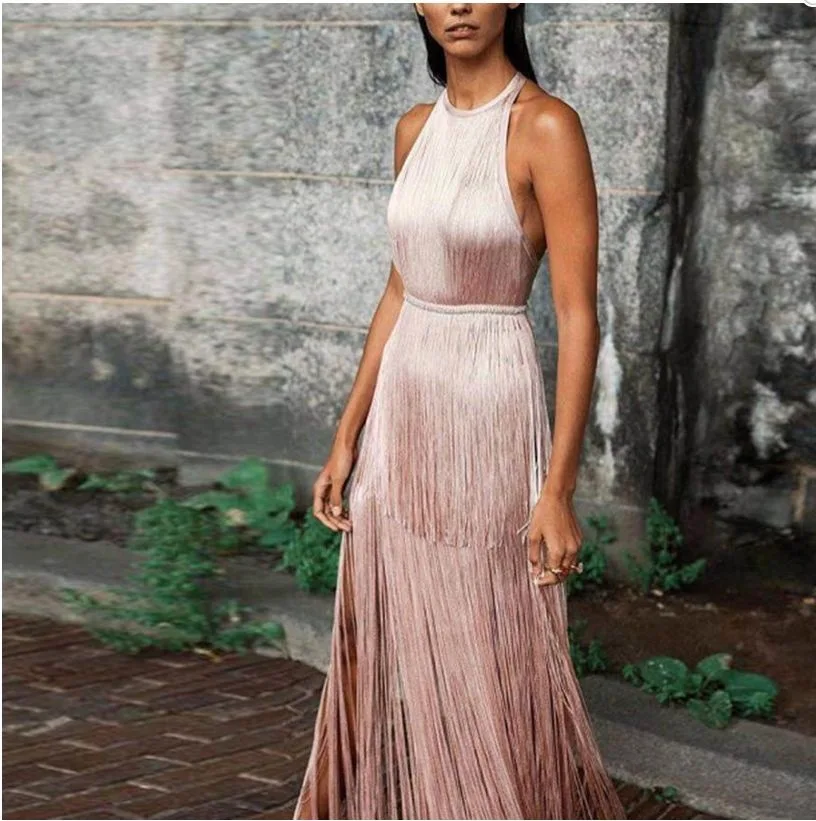 

Sexy Ladies Dress Women Solid Color Halter Cocktail Party Dress Round Neck Sleeveless Elegant Long Tassel Fringe Dresses
