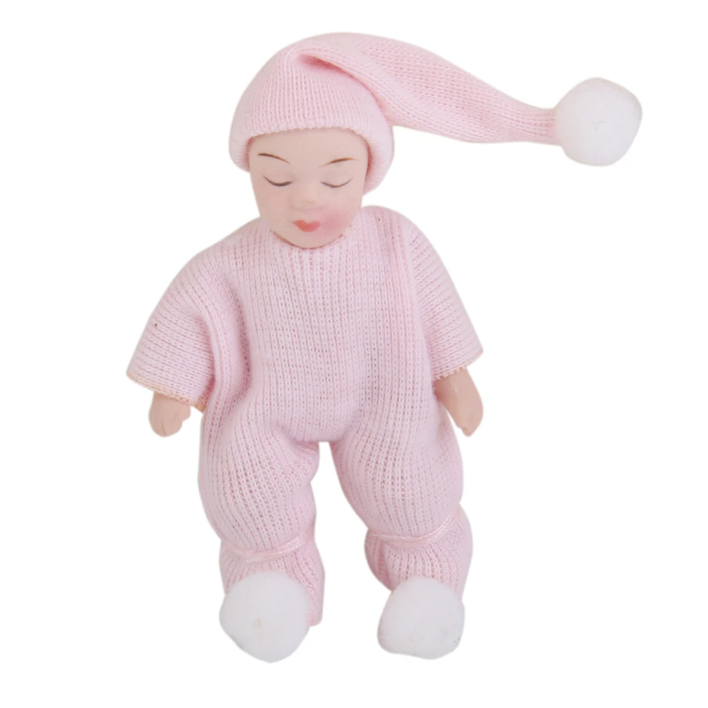 Porcelain Dolls Sleeping Baby in Pink Sweater for Dollhouse Miniature 1:12