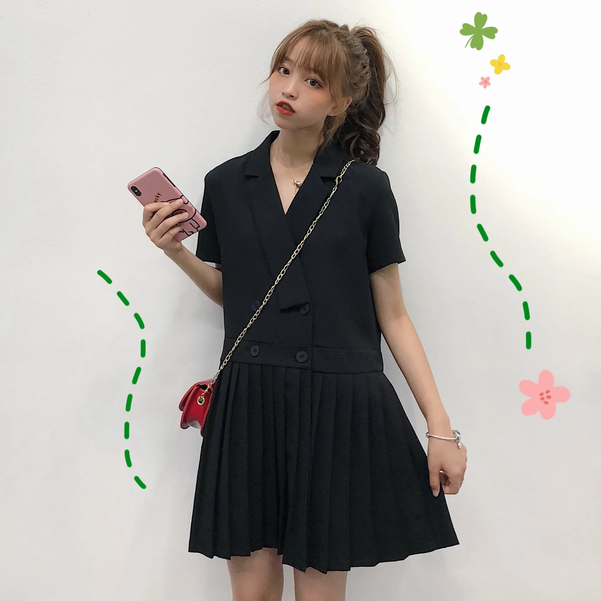 

Elegant Suit Dress Women's Non-mainstream Platycodon Grandiflorum Skirt Fresh Short Sleeve Pleated Skirt